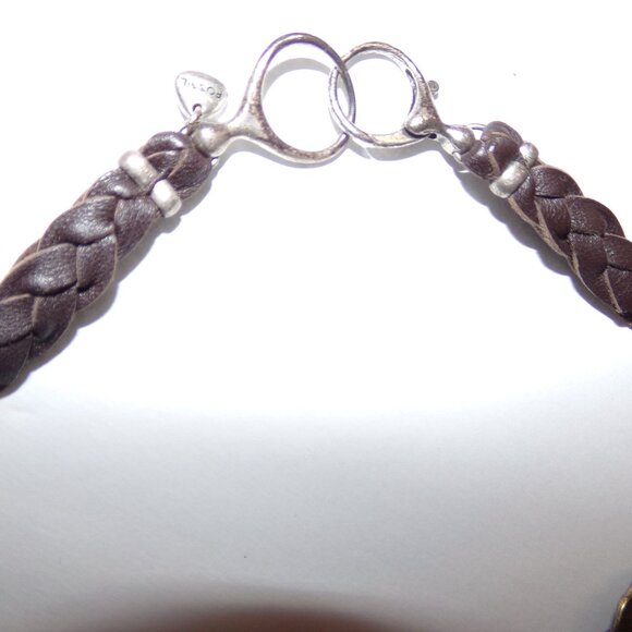 Fossil Flower Necklace Leather Silver Bronze Tone 16'' CZ Sparkle - Picture 12 of 12